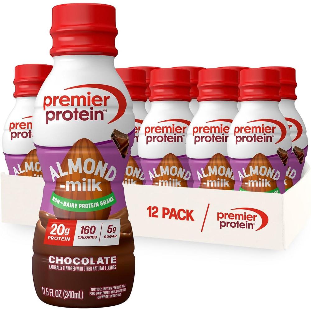 imagePremier Protein Almondmilk NonDairy Protein Shake 20g Protein 5g Sugar 115 Fl oz Coffee 12 CountChocolate