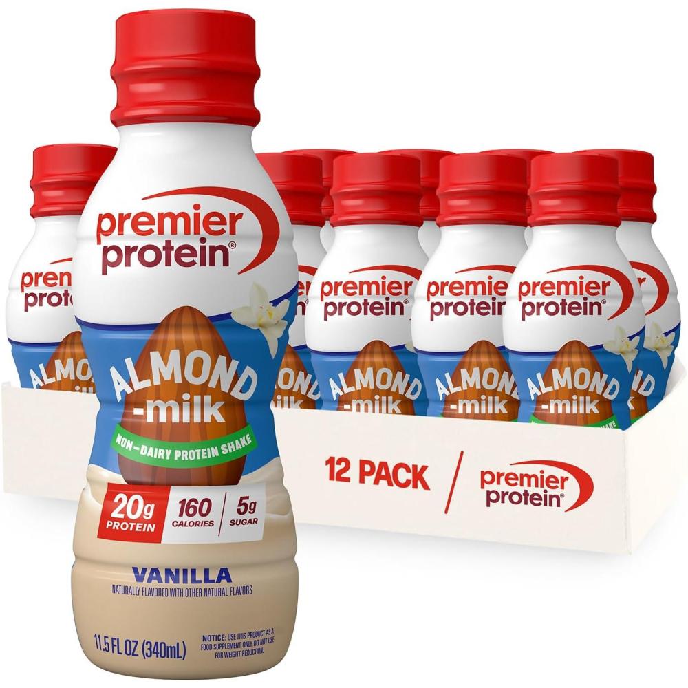 imagePremier Protein Almondmilk NonDairy Protein Shake 20g Protein 5g Sugar 115 Fl oz Coffee 12 CountVanilla