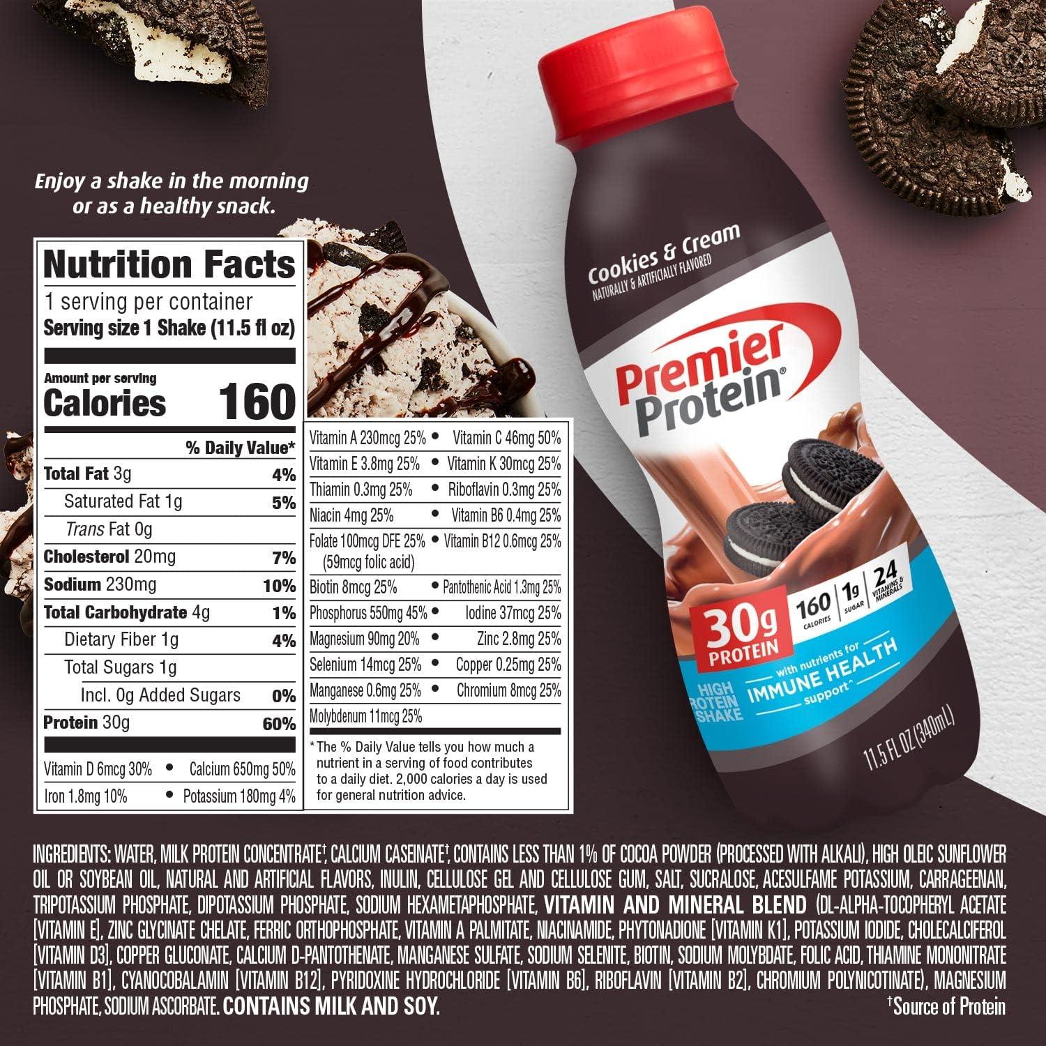 imagePremier Protein Shake Cookies ampamp Cream 30g Protein 1g Sugar 24 Vitamins ampamp Minerals Nutrients to Support Immune Health 115 fl oz