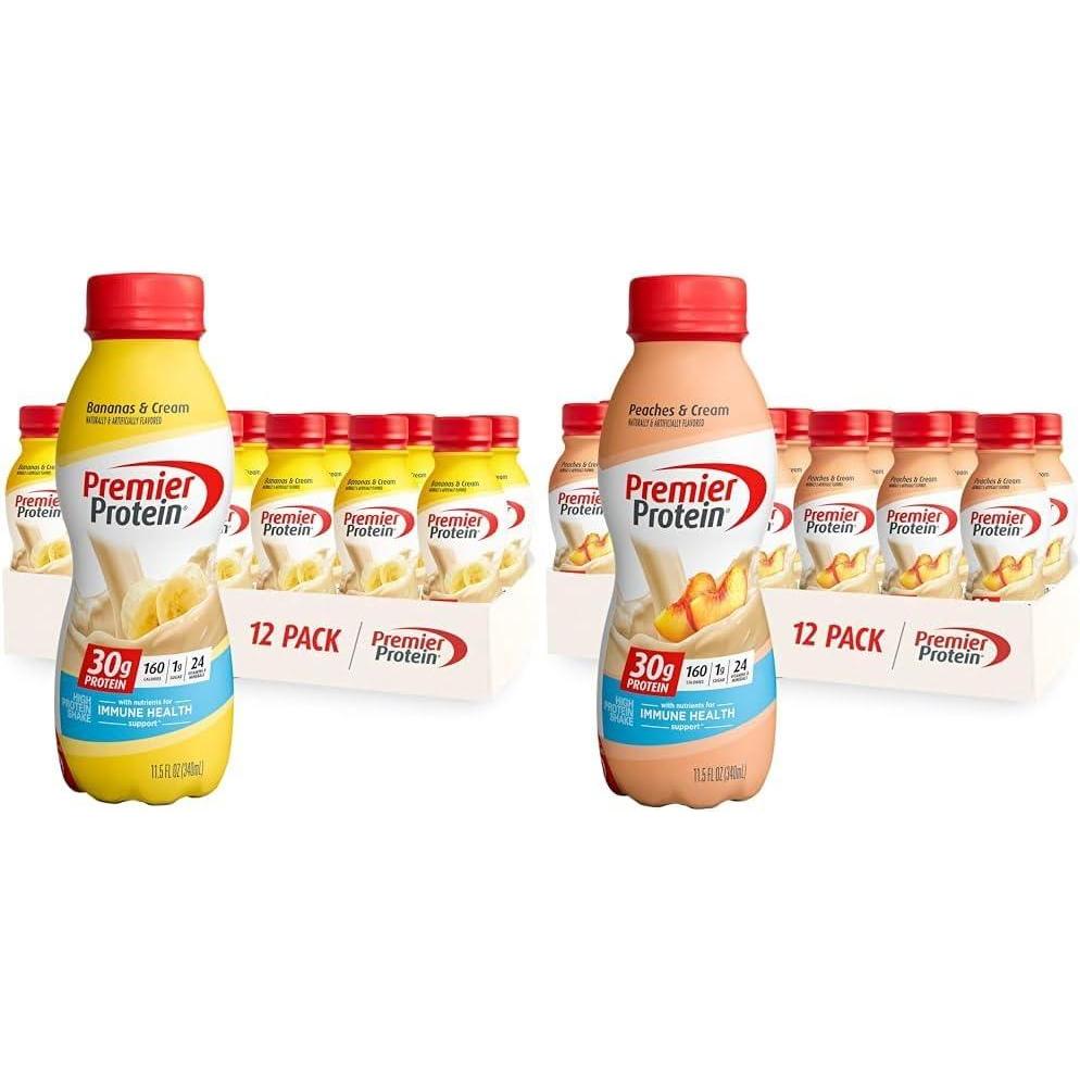 imagePremier Protein Shake Bananas ampamp Cream and Peaches ampamp Cream 30g Protein 1g Sugar 24 Vitamins Minerals Nutrients Immune Health Support 138 Fl Oz 24 Pack