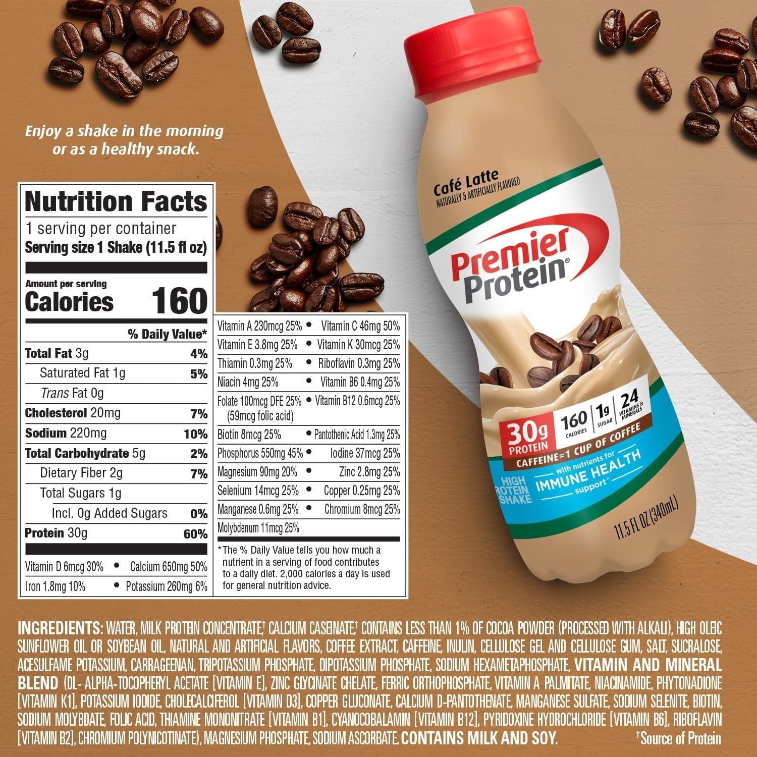 imagePremier Protein Shake Caf Latte 30g Protein 1g Sugar 24 Vitamins ampamp Minerals Nutrients to Support Immune Health 115 fl oz115 Fl Oz Pack of 1