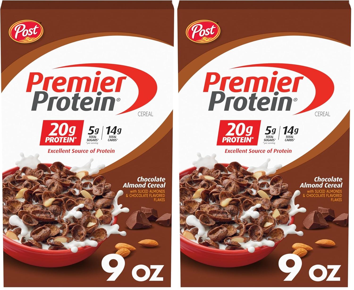 image:imagePost Premier Protein Chocolate Almond Cereal Chocolatey Protein Cereal Flakes with Sliced Almonds Contains 20g of Protein Per Serving 30 OZ BoxChocolate