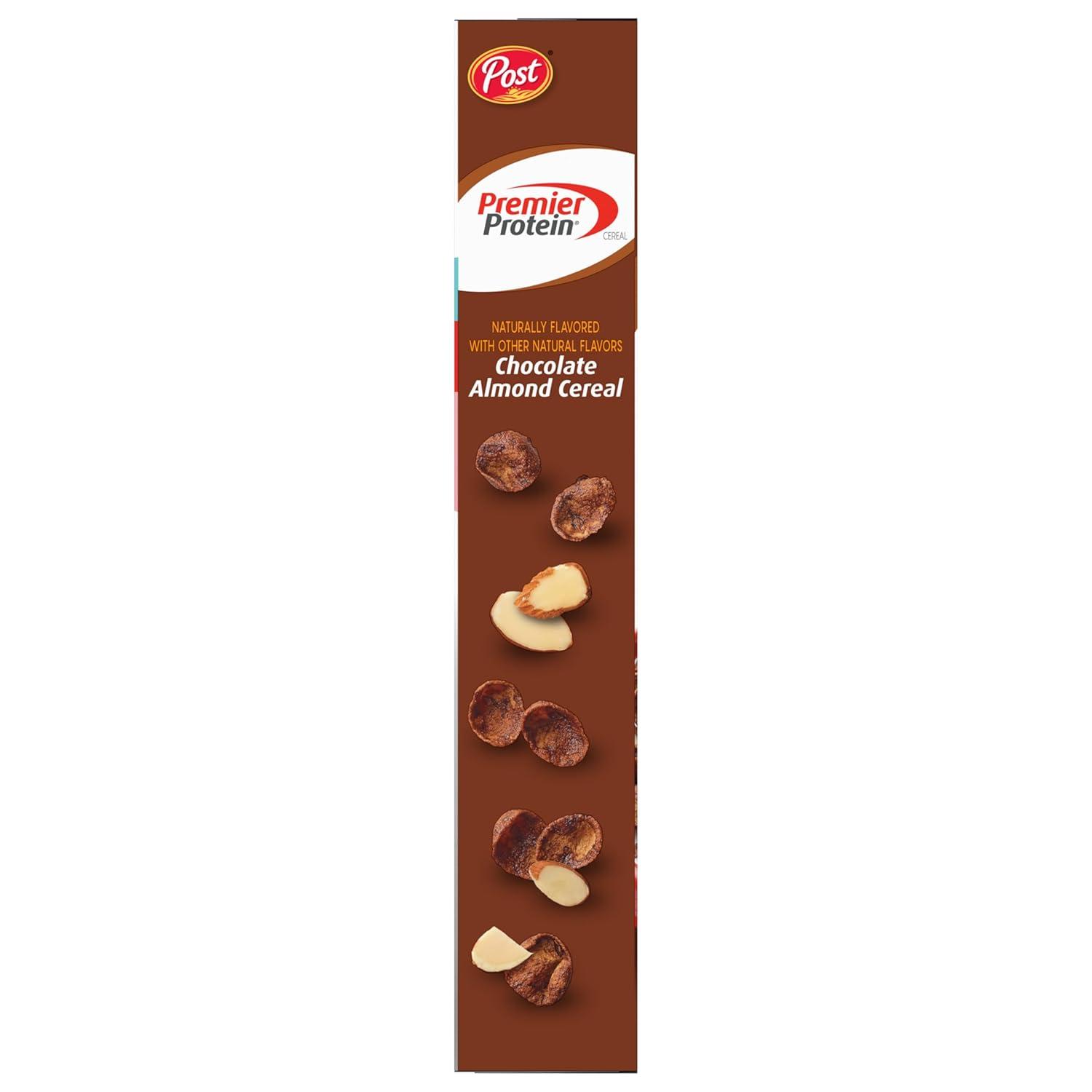 image:imagePost Premier Protein Chocolate Almond Cereal Chocolatey Protein Cereal Flakes with Sliced Almonds Contains 20g of Protein Per Serving 30 OZ BoxChocolate