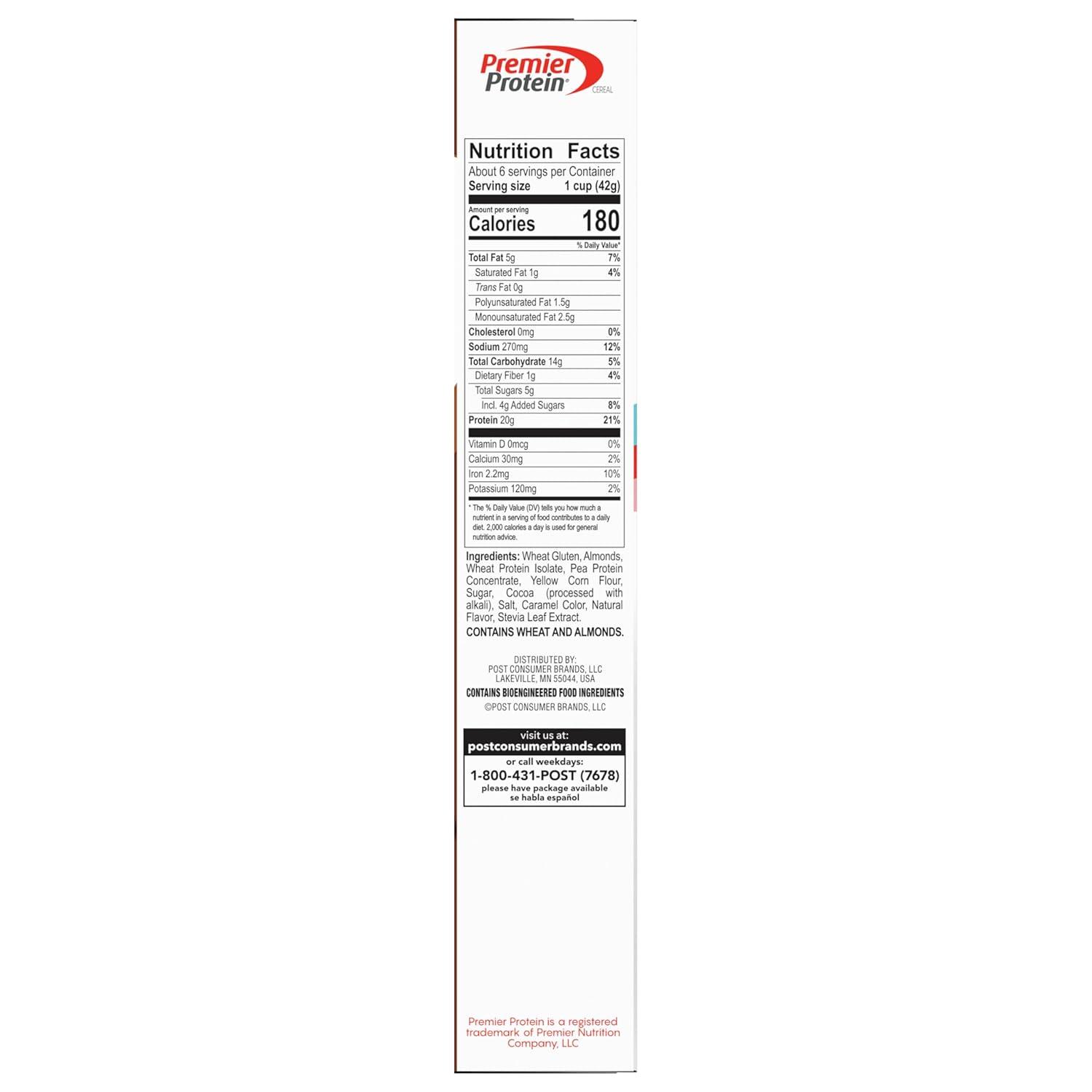 image:imagePost Premier Protein Chocolate Almond Cereal Chocolatey Protein Cereal Flakes with Sliced Almonds Contains 20g of Protein Per Serving 30 OZ BoxChocolate