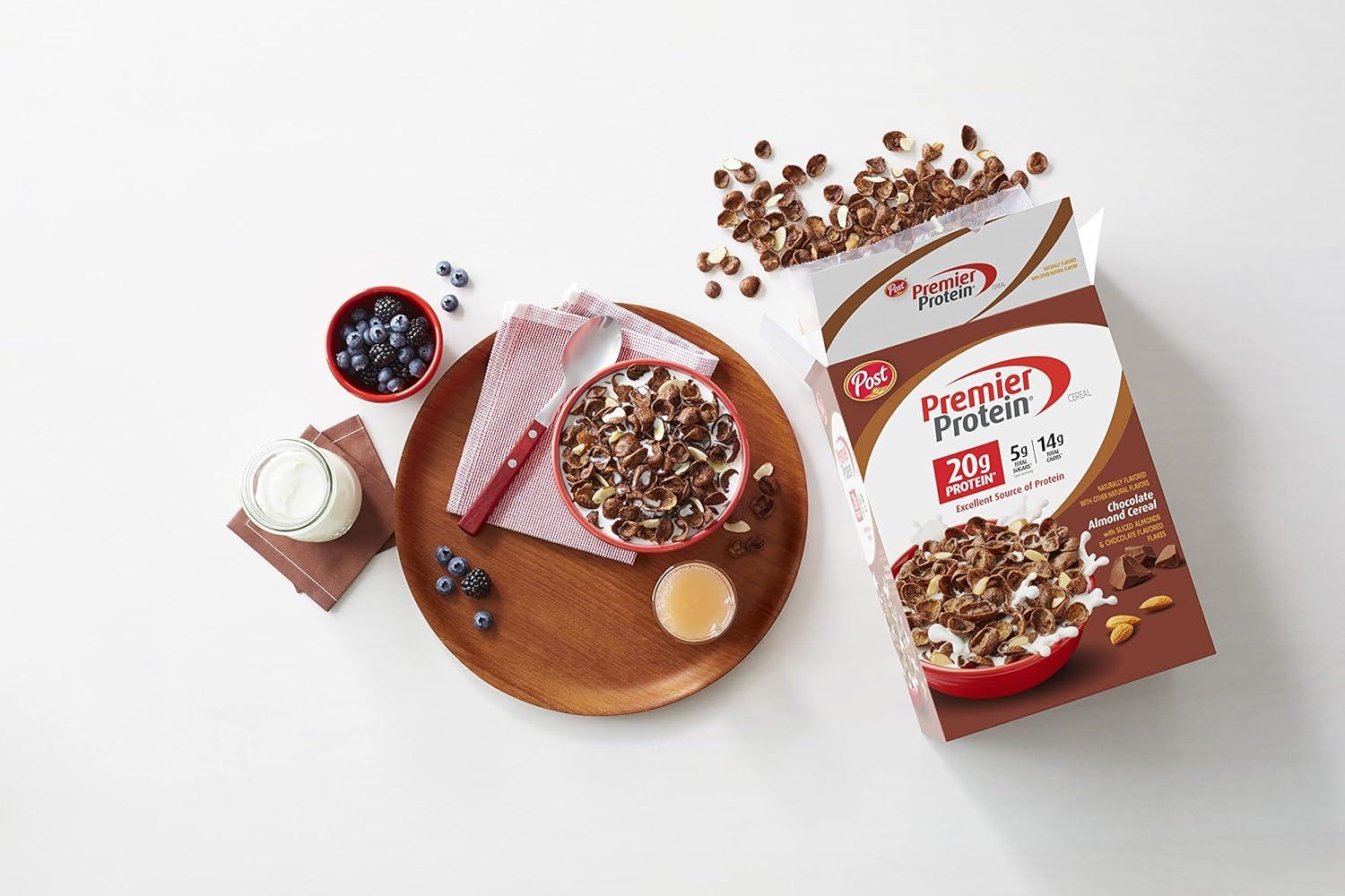 image:imagePost Premier Protein Chocolate Almond Cereal Chocolatey Protein Cereal Flakes with Sliced Almonds Contains 20g of Protein Per Serving 30 OZ BoxChocolate