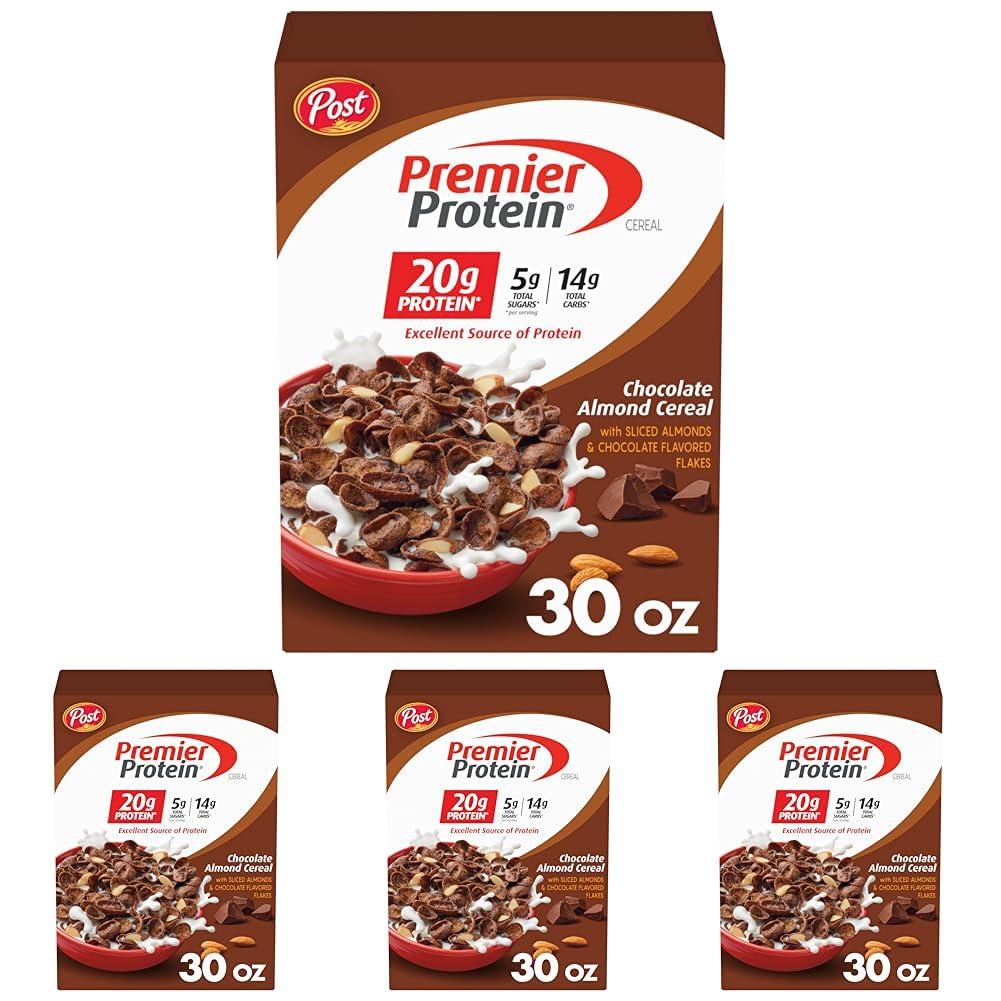 image:imagePost Premier Protein Chocolate Almond Cereal Chocolatey Protein Cereal Flakes with Sliced Almonds Contains 20g of Protein Per Serving 30 OZ BoxChocolate Almond