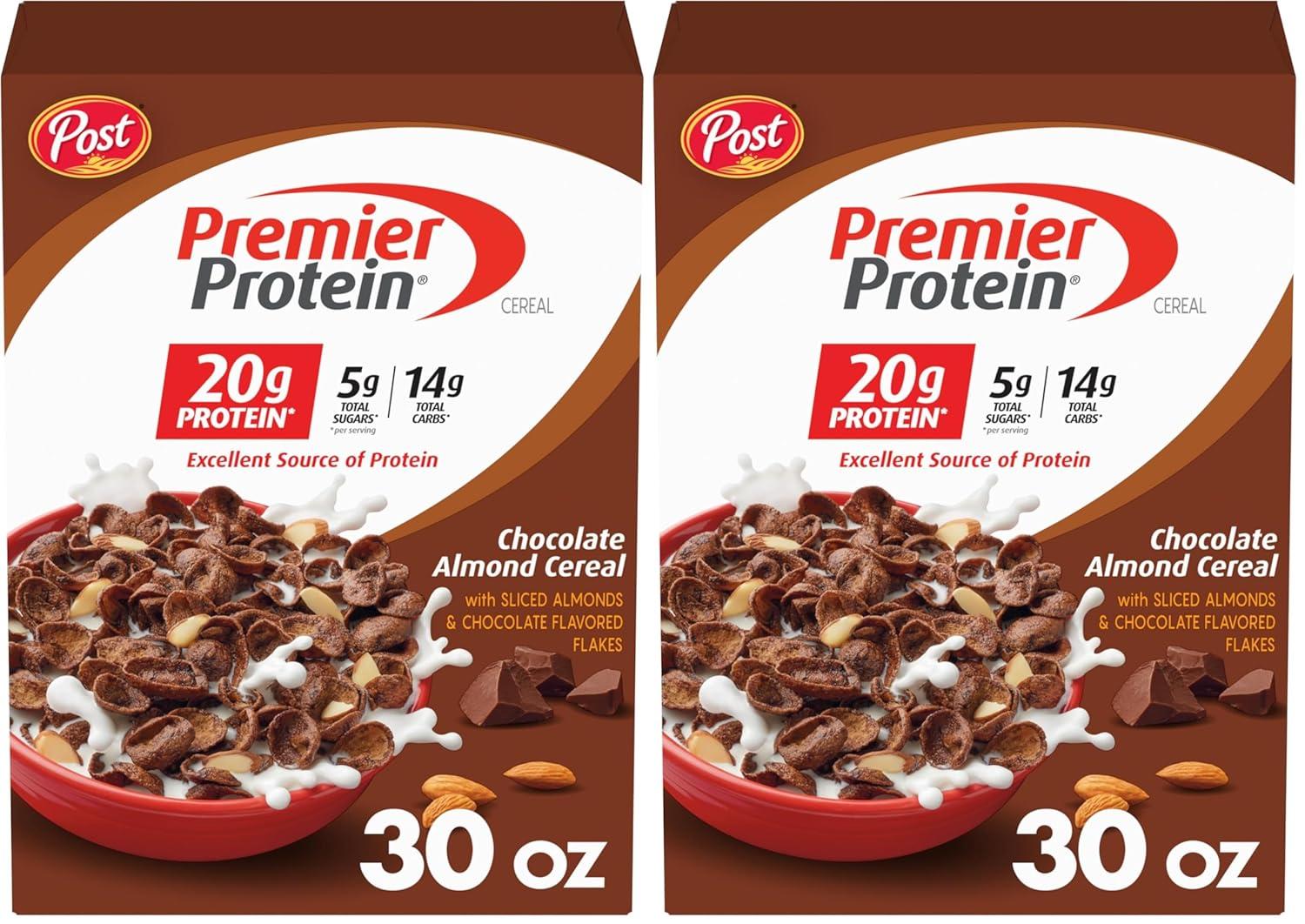 image:imagePost Premier Protein Chocolate Almond Cereal Chocolatey Protein Cereal Flakes with Sliced Almonds Contains 20g of Protein Per Serving 30 OZ BoxChocolate Almond