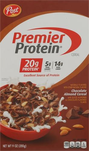 image:imagePost Premier Protein Chocolate Almond Cereal Chocolatey Protein Cereal Flakes with Sliced Almonds Contains 20g of Protein Per Serving 30 OZ BoxChocolate