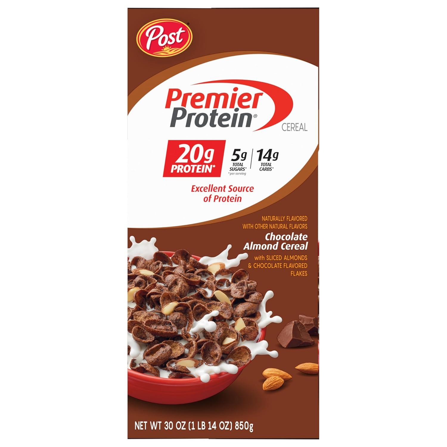 image:imagePost Premier Protein Chocolate Almond Cereal Chocolatey Protein Cereal Flakes with Sliced Almonds Contains 20g of Protein Per Serving 30 OZ BoxChocolate Almond