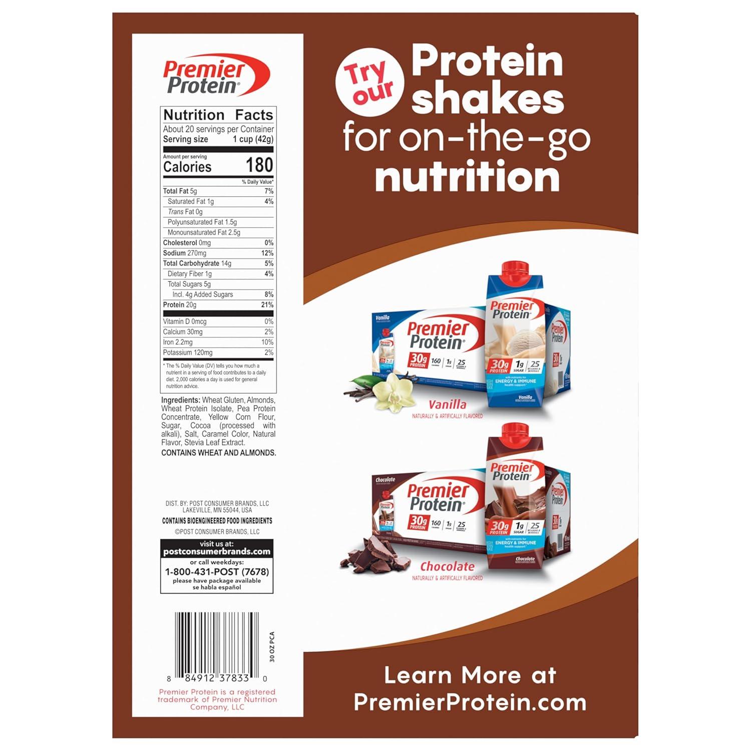 image:imagePost Premier Protein Chocolate Almond Cereal Chocolatey Protein Cereal Flakes with Sliced Almonds Contains 20g of Protein Per Serving 30 OZ BoxChocolate Almond