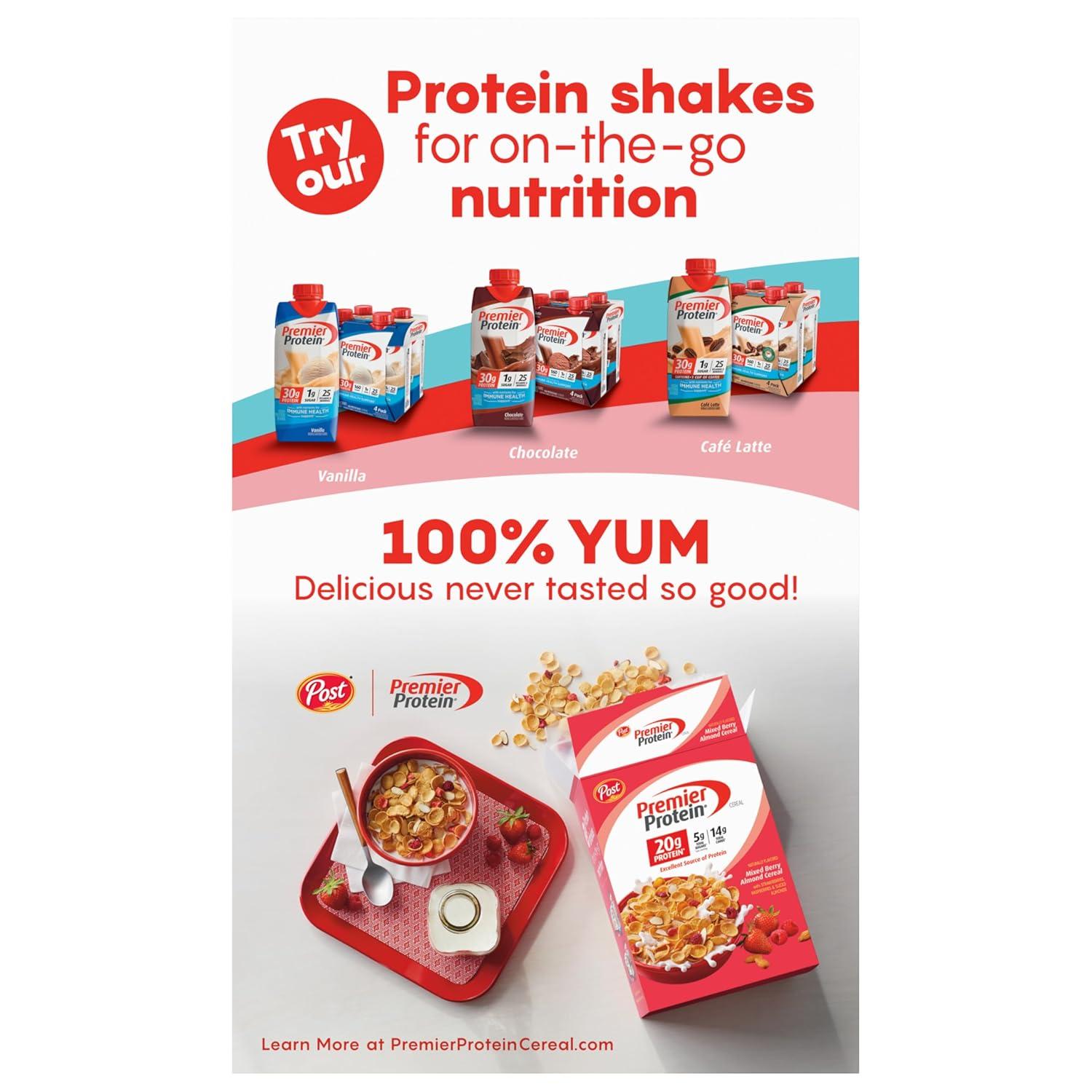 image:imagePost Premier Protein Chocolate Almond Cereal Chocolatey Protein Cereal Flakes with Sliced Almonds Contains 20g of Protein Per Serving 30 OZ BoxChocolate