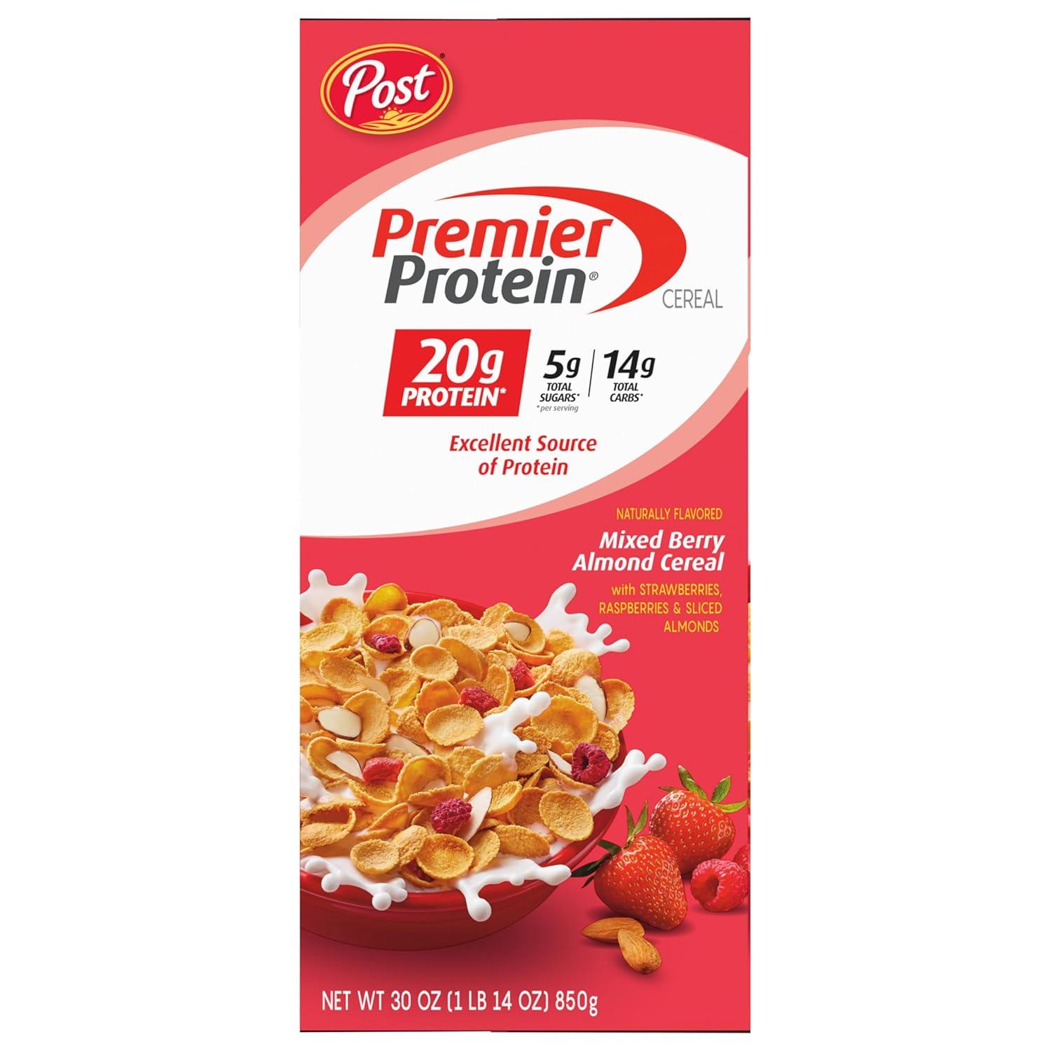 image:imagePremier Protein Mixed Berry Almond cereal high protein cereal protein rich breakfast or snack made with real berries and almonds 30 Ounce 1 CountMixed Berry