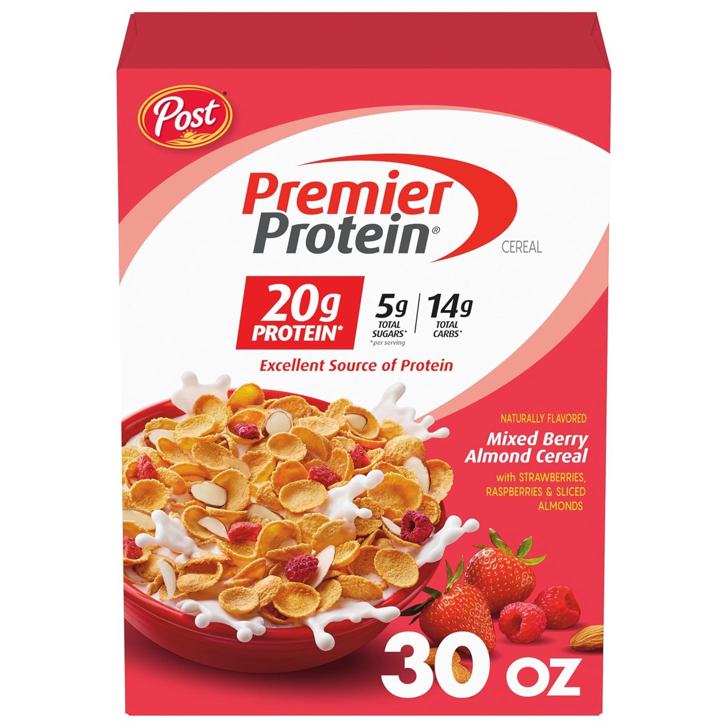 image:imagePremier Protein Mixed Berry Almond cereal high protein cereal protein rich breakfast or snack made with real berries and almonds 30 Ounce 1 CountMixed Berry