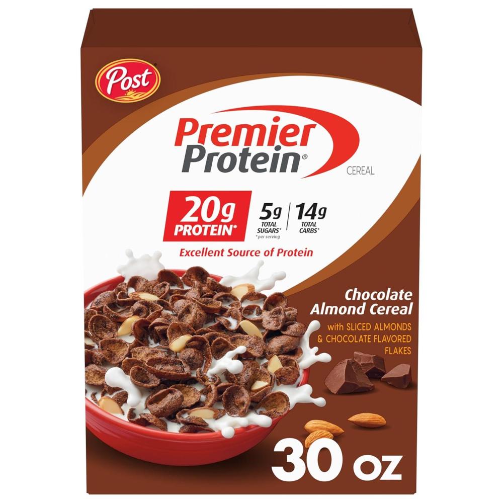 image:imagePost Premier Protein Chocolate Almond Cereal Chocolatey Protein Cereal Flakes with Sliced Almonds Contains 20g of Protein Per Serving 30 OZ BoxChocolate Almond