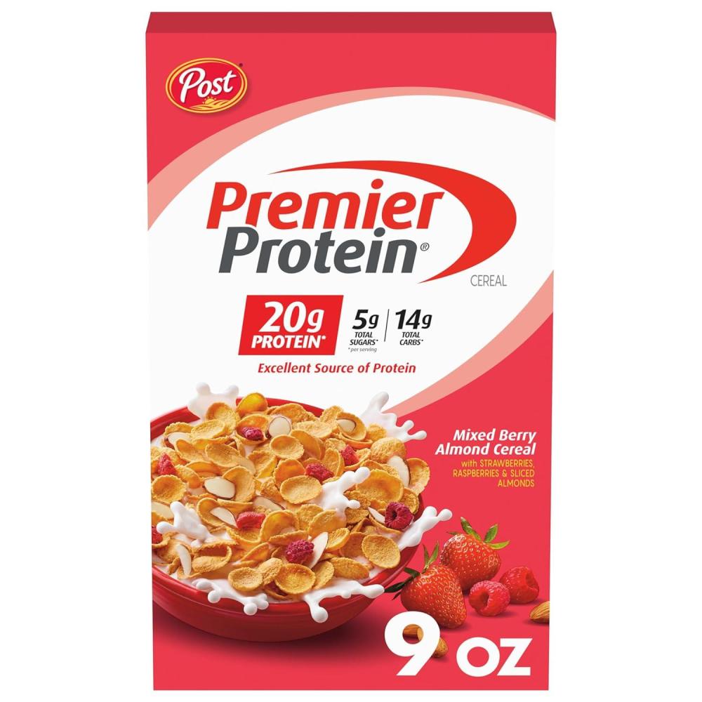 image:imagePremier Protein Mixed Berry Almond cereal high protein cereal protein rich breakfast or snack made with real berries and almonds 30 Ounce 1 CountMixed Berry