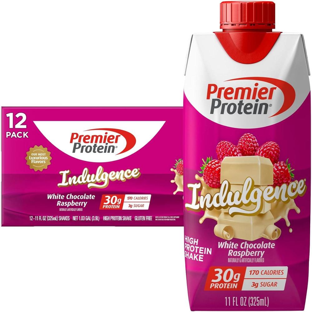 image:imagePremier Protein Shake INDULGENCE White Chocolate Raspberry 30g Protein 170 Calories 3g Sugar 11 fl oz 12 PackWhite Chocolate Raspberry