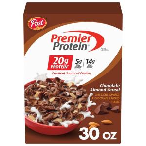 Post Premier Protein Chocolate Almond Cereal, Chocolatey Protein Cereal Flakes with Sliced Almonds, Contains 20g of Protein Per Serving, 30 OZ Box(Chocolate Almond)
