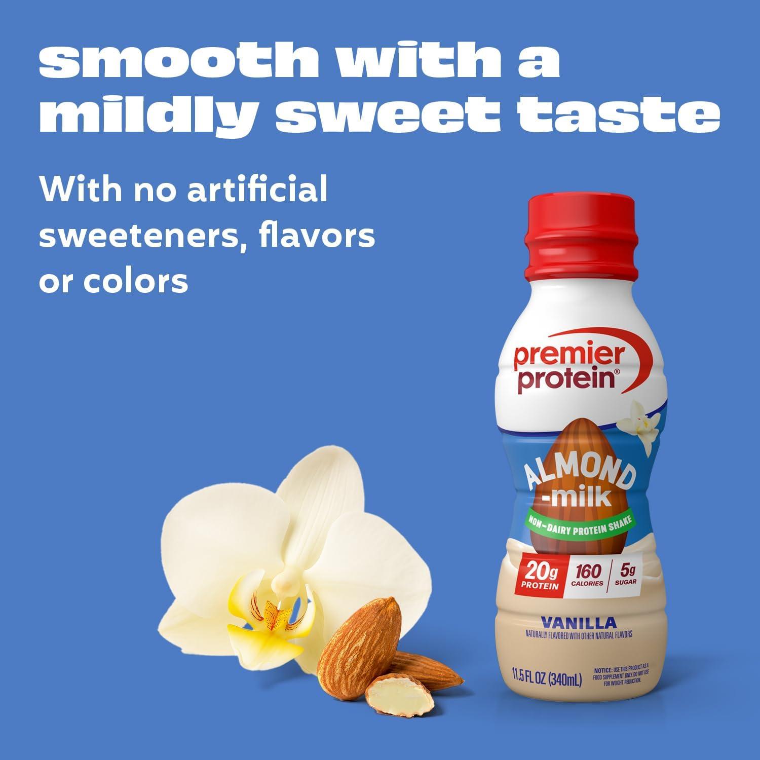 image:imagePremier Protein NonDairy Plant Based Almondmilk Protein Shake Coffee with Caffeine for Energy 20g Protein 5g Sugar 11 fl oz 4 PackVanilla