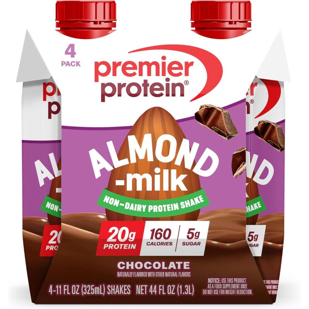 image:imagePremier Protein NonDairy Plant Based Almondmilk Protein Shake Coffee with Caffeine for Energy 20g Protein 5g Sugar 11 fl oz 4 PackChocolate