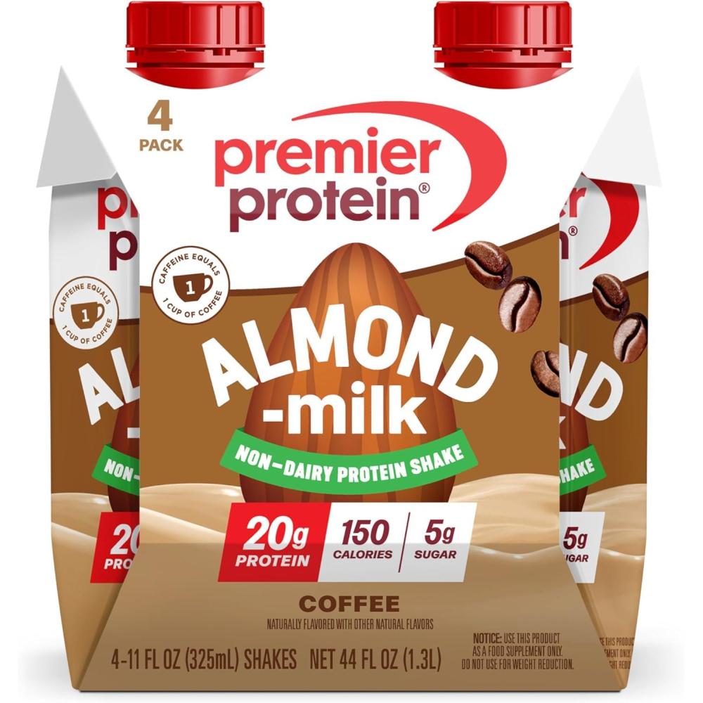 image:imagePremier Protein NonDairy Plant Based Almondmilk Protein Shake Coffee with Caffeine for Energy 20g Protein 5g Sugar 11 fl oz 4 PackCoffee with Caffeine