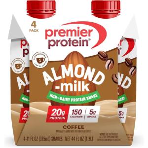 Premier Protein Non-Dairy Plant Based Almondmilk Protein Shake, Coffee with Caffeine for Energy – 20g Protein, 5g Sugar, 11 fl oz, 4 Pack(Coffee with Caffeine)