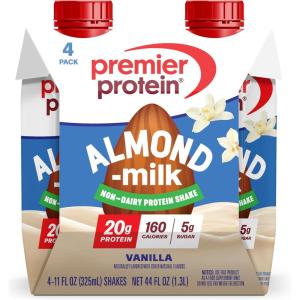 Premier Protein Non-Dairy Plant Based Almondmilk Protein Shake, Coffee with Caffeine for Energy – 20g Protein, 5g Sugar, 11 fl oz, 4 Pack(Vanilla)