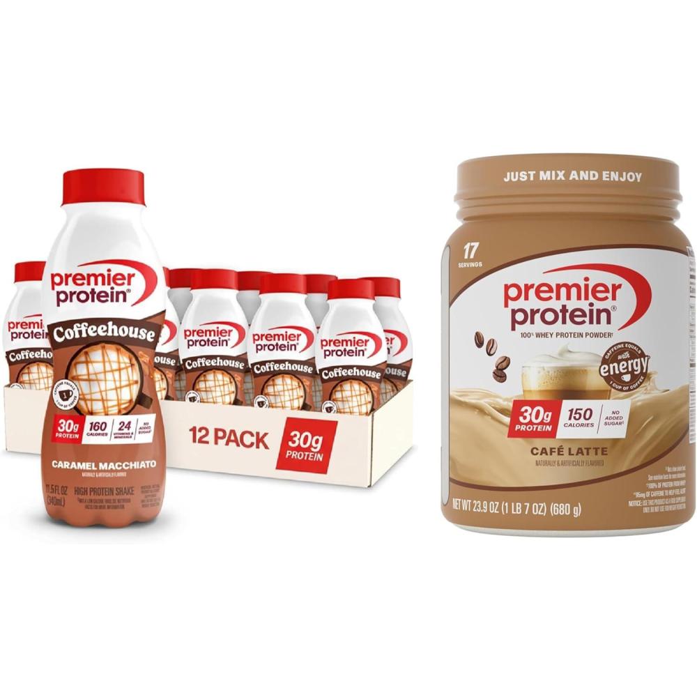 image:imagePremier Protein Powder Strawberry Milkshake 30g Protein No Added Sugar 100 Whey Protein Keto Friendly Soy amp Gluten Free 245 oz 17 ServingsBundle Caramel Macchiato Caf Latte