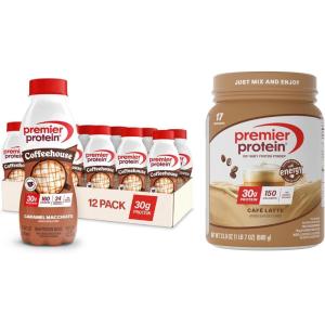 Premier Protein Powder, Strawberry Milkshake, 30g Protein, No Added Sugar, 100% Whey Protein, Keto Friendly, Soy & Gluten Free, 24.5 oz (17 Servings)(Bundle: Caramel Macchiato + Café Latte)